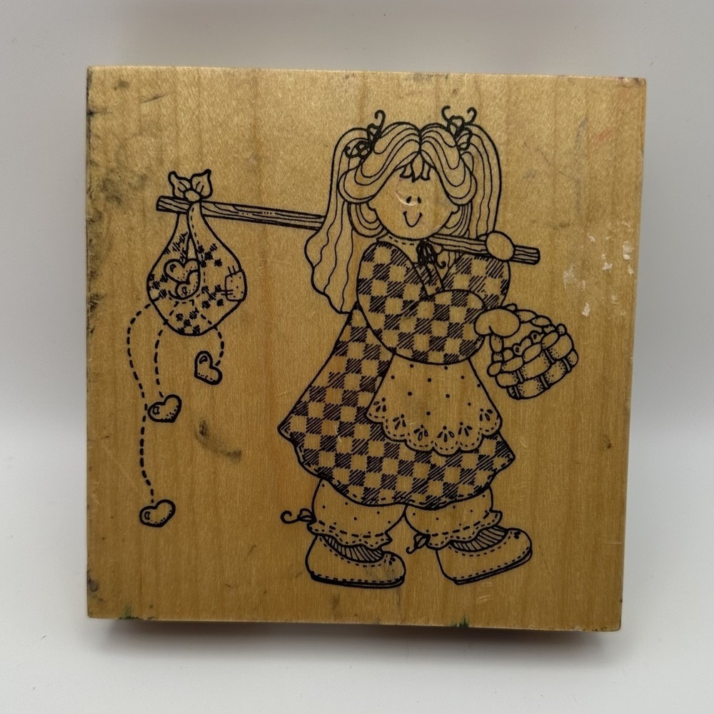 Darcie's Country Folk Girl With Bindle S0163 Picnic Wood Rubber Stamp Vintage 92